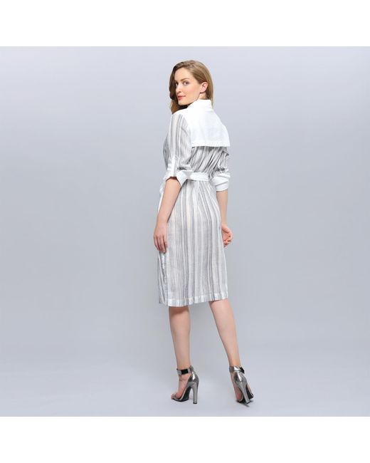 Smart and Joy White Bi-Material Striped Shirt Dress