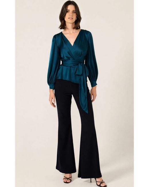 SACHA DRAKE Blue Satin Faux Wrap Top