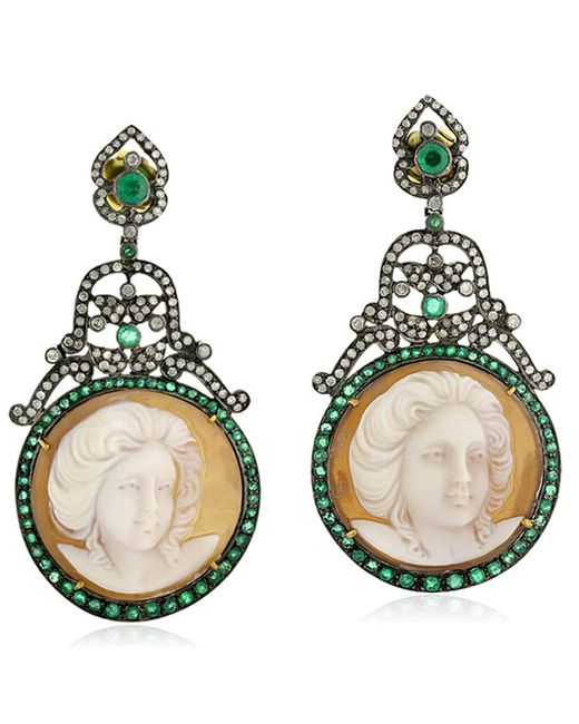 Artisan Blue 18k Gold 925 Silver With Shall Cameo & Emerald Pave Diamond Face Dangle Earrings