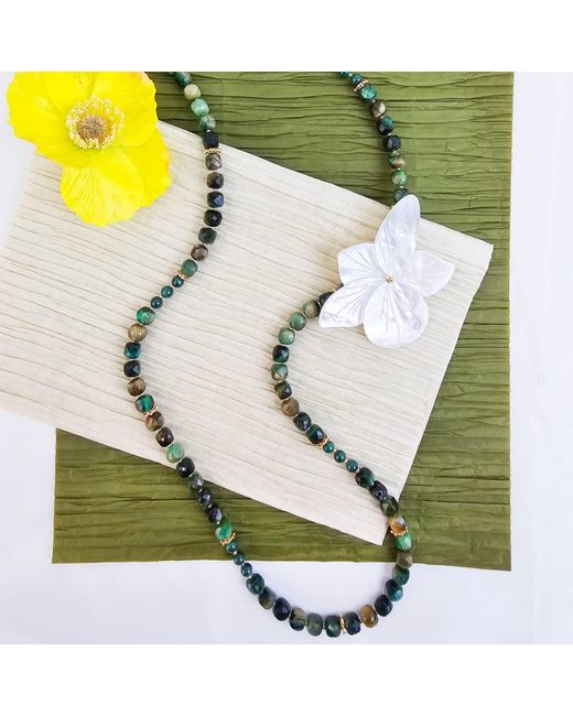 Farra Metallic Cube Tiger-Eye Stone With Giant Flower Shell Long Necklace