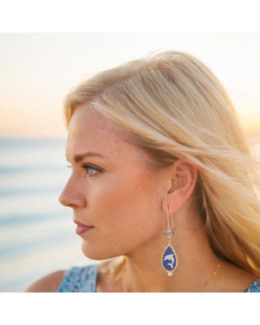 Vintouch Italy Blue Dolphins Cameo Earrings With Topaz