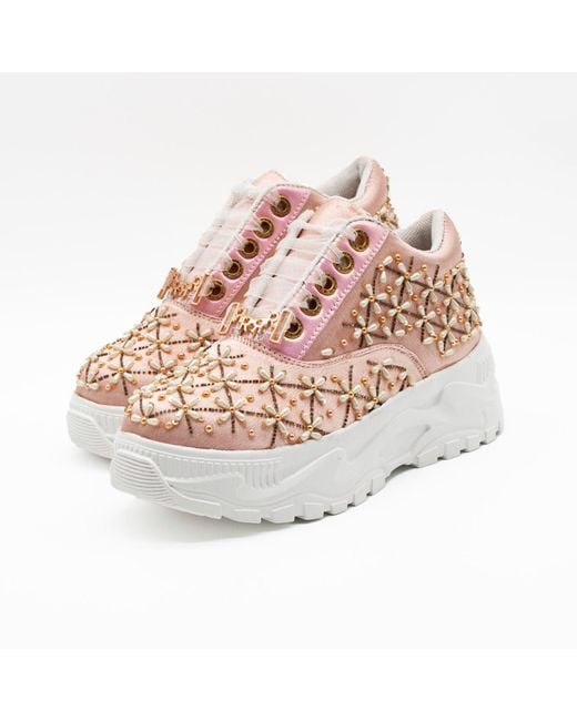 Rettrose Pink Harper Luxury Nude Satin Handmade Embellished Trainers