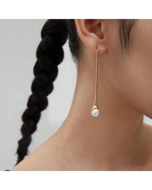 Angel Barocco Metallic Minimalist Pearl Drop Bar Earrings