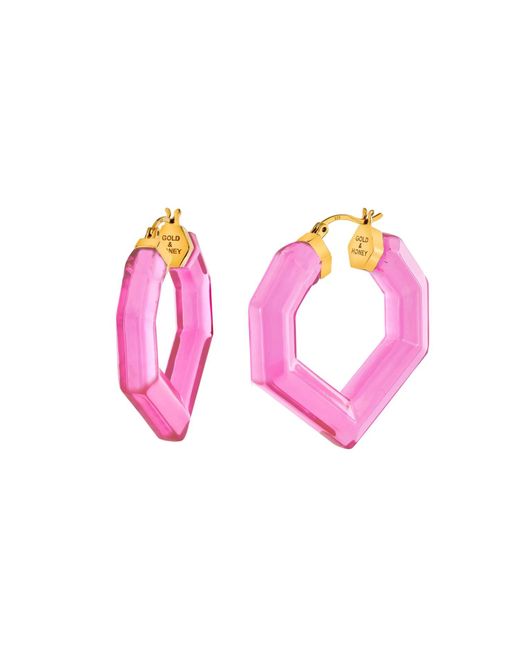 Gold & Honey Pink Heart Gemstone Lucite Hoop Earrings