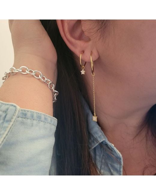 Lutiro Metallic Single Earring Square Cz Charm With Chain