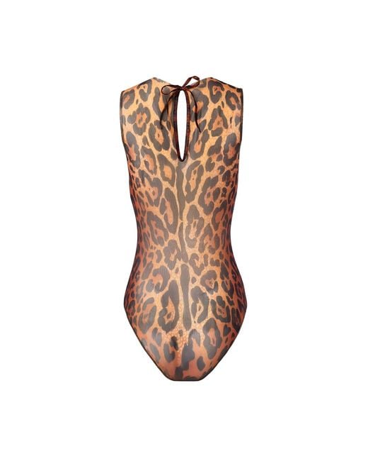 Rodasoleil Smart Swimwear Brown Tan-Through Mesh One-Piece Sleeveless Swimsuit Leopard