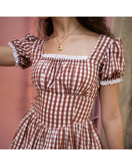 Echo of Pink Red Solene Gingham Hand Block Print Cotton Midi Dress