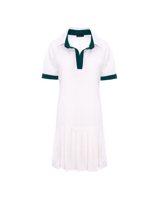 concept A trois White Short Pleated Dress With Shirt Collar With Dark Contrast Details