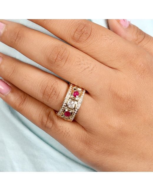 Artisan Metallic Natural Diamond Ruby Trendy Band Rings 18k Yellow Gold Handmade