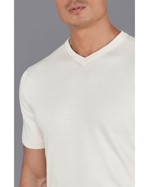 Paul James Knitwear White Neutrals Ultra Fine Cotton Hudson High V Neck Knitted T-Shirt for men