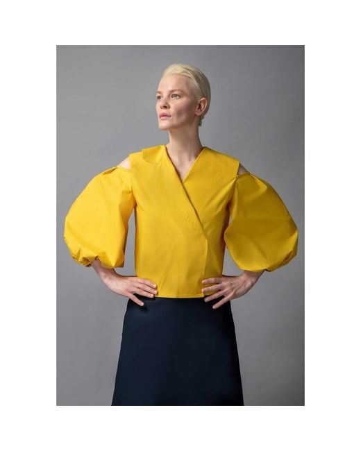 Femponiq Yellow Cold Shoulder Puff Sleeve Lapel Top
