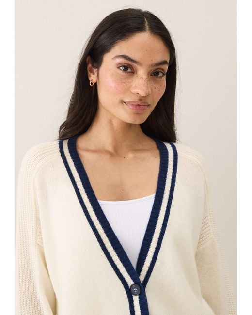 Loop Cashmere White Striped Tipped V Neck Lofty Cardigan