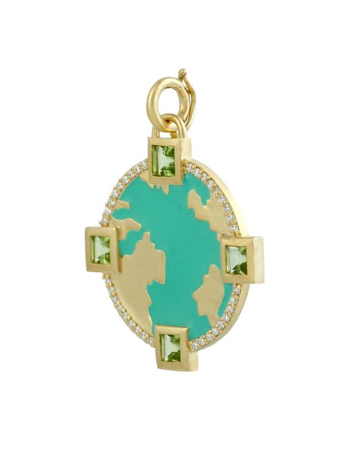 Artisan Green 14k Yellow Gold With Square Peridot & Diamond Enamel World Map Design Pendant