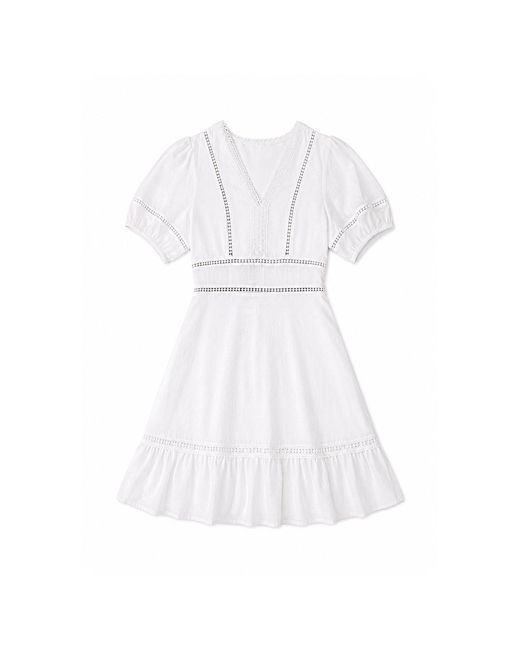 Yumi' White Lace Trim V Neck Dress
