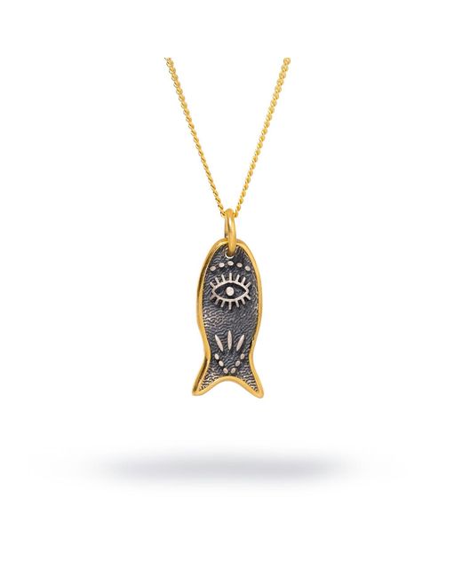 Ebru Jewelry Metallic Lucky Fish & Evil Eye Symbol Sterling Chain Necklace