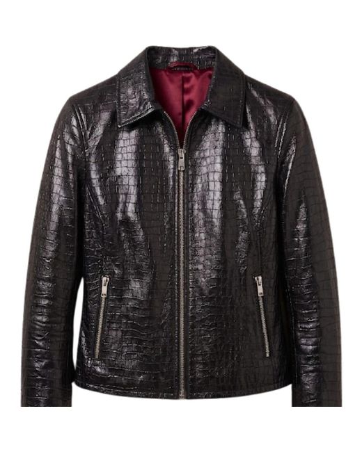 Harmain Leathers Ltd Black Crocodile-Embossed Leather Jacket With Satin Lining