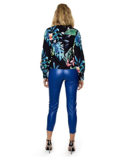 Carloslines Blue V-Neck Bar Tack Long Sleeve Blouse