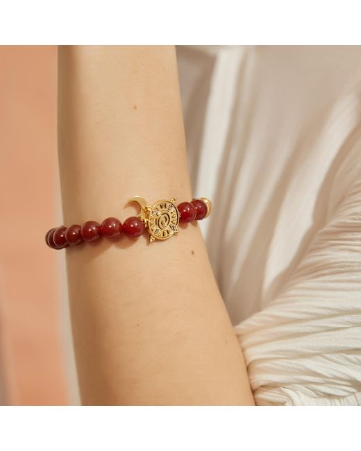 Aurozia Red Three Charms Solar Meridian Plated Sundial And The Sun Coin Agate Beaded Bracelet
