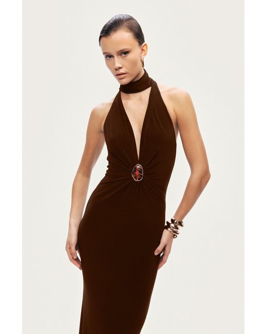 Nocturne Brown Halter-Neck Draped Maxi Dress