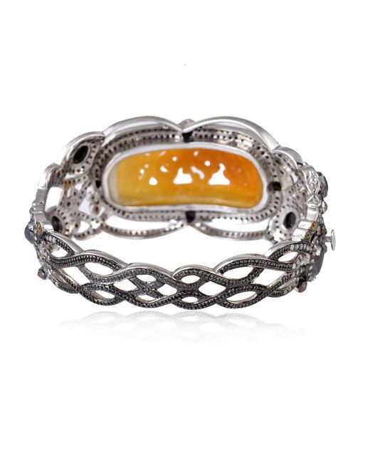 Artisan Orange 18k Gold 925 Silver Pave Colored Diamond In Carving Jade Bangle Handmade Jewelry