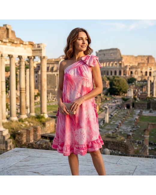 Nyny Ryke Pink Wilma Sh, One-Shoulder Midi Dress Floral Cotton Summer Dress
