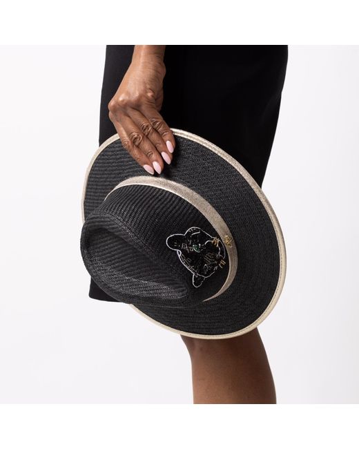 Laines London Black Straw Woven Hat With Couture Embellished Panther Design