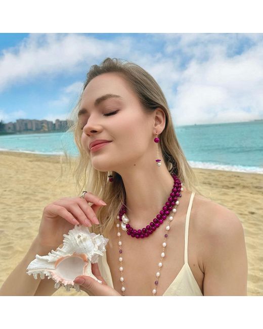 Farra Purple Freshwater Pearls And Gemstone Dangle Earrings