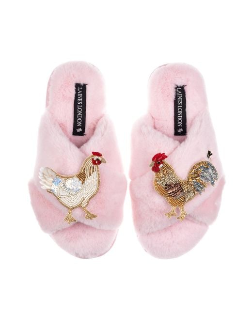 Laines London Pink Classic Laines Slippers With Chicken & Rooster Brooches