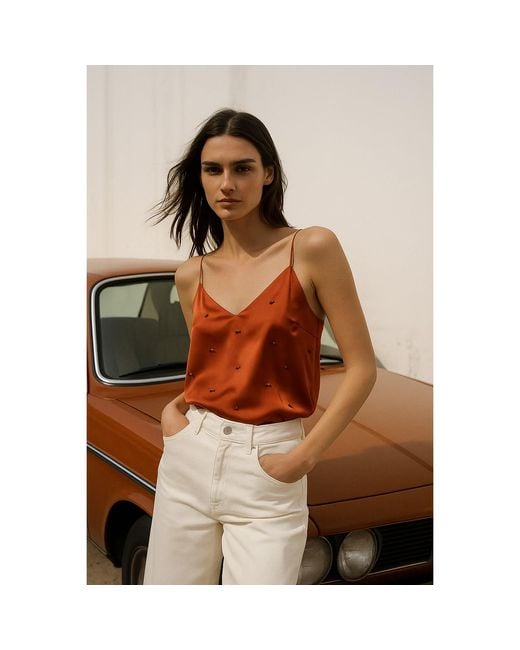 2KStyle Red Jenya Hand Embellished Spaghetti Strap Satin Camisole