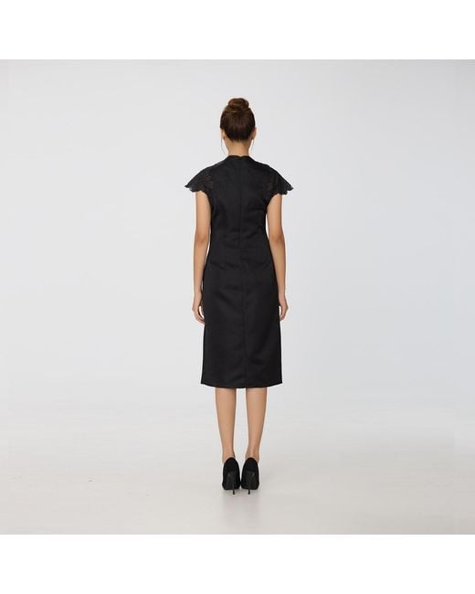 Smart and Joy Black Satin Shoulder Lace Inlay Dress