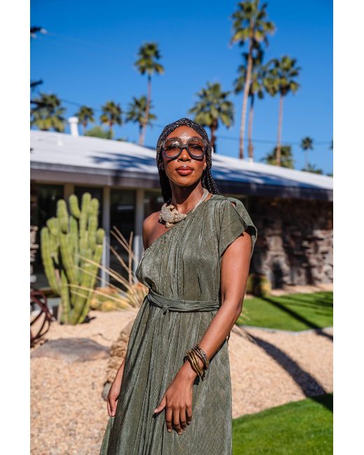 Jennafer Grace Green Electrum Slink Pleated One-Shoulder Maxi Dress