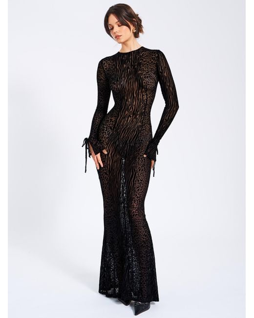Miss Circle New York Black Waylynn Animal Print Burnout Velvet Detail Mesh Backless Maxi Dress