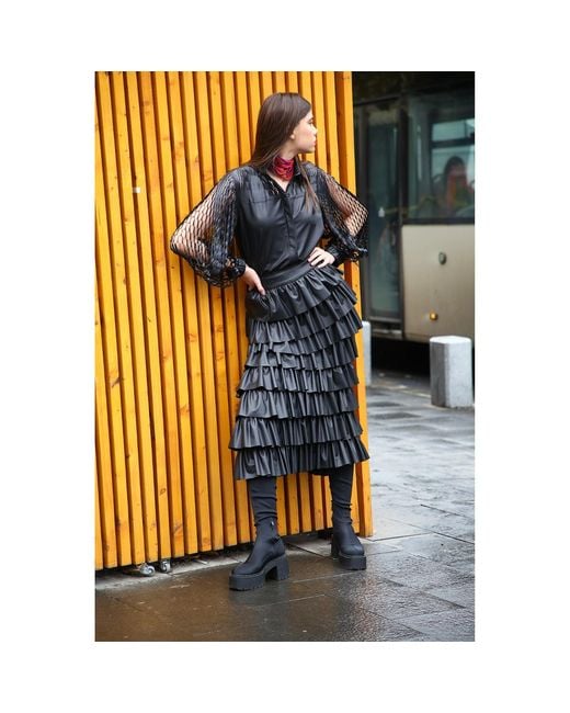 Silvia Serban Black Eco Leather Skirt With Ruffles & Adjustable Length