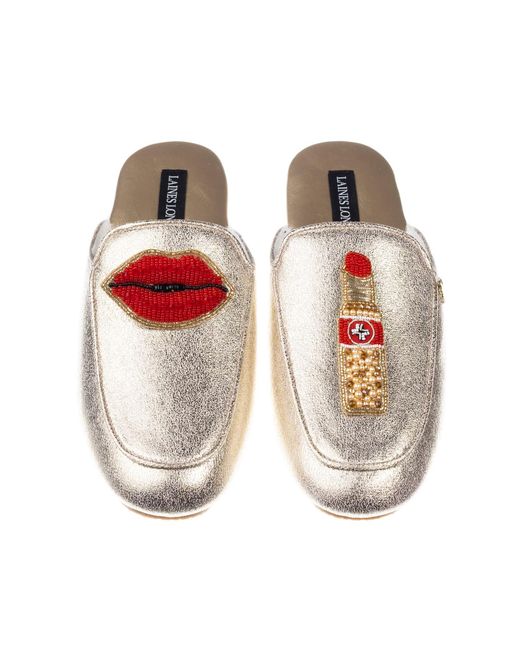 Laines London Metallic Classic Mules With Lipstick & Lips Brooches