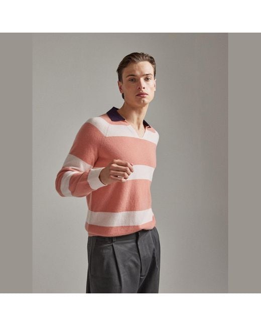 Salts Pink Split Neck Polo Stripe Sweater
