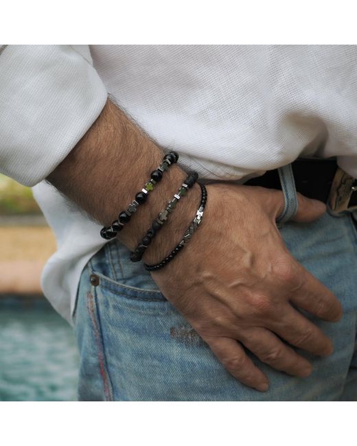 Ebru Jewelry Black Gemstone & Hematite Power Trio Bracelet Set for men