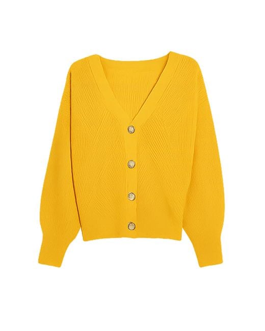 Yumi' Yellow Mustard Relaxed Fit Cardigan With Stitch Detail