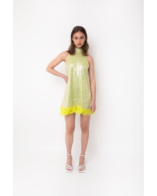 Amy Lynn Yellow Esther Green Sequin Feather Trim Dress