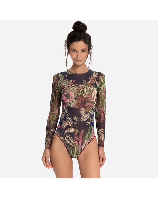 Rodasoleil Smart Swimwear Blue Tan-Through Mesh One-Piece Swimsuit With Sleeves Botanicum