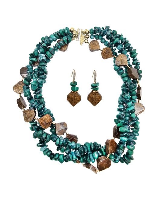 Farra Green Bamboo Coral With Tiger Eye Stone Multi-Layers Necklace And Earrings Set