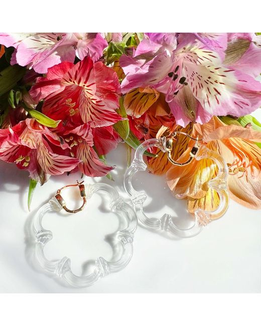Gold & Honey White Flower Bamboo Lucite Hoop Earrings