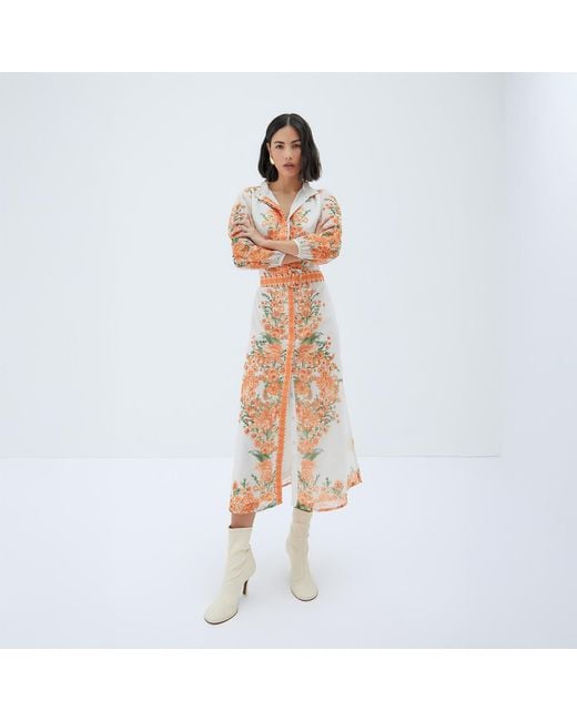Raishma Pink Rose Floral 3/4 Length Sleeve Belted Midi Shirt Dress