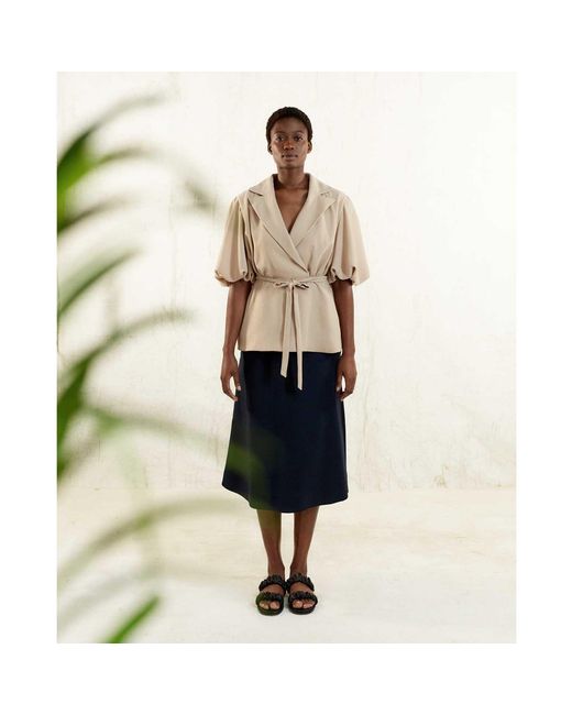 Femponiq Natural Draped Puff Sleeve Tailored Blouse