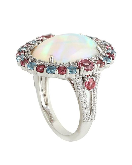 Artisan 18k Gold In Ethiopian Opal & Pink Tourmaline With Blue Topaz Pave Diamond Antique Ring