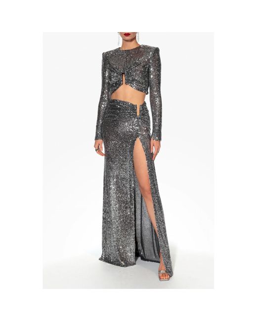 AGGI by HALEWSKI Gray Meg Diamond Sequined Crop Top With Long Sleeves