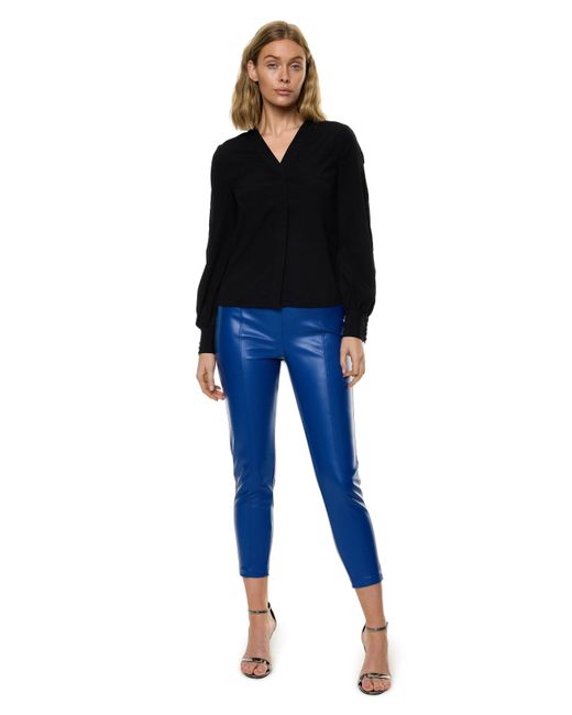 Carloslines Blue V-Neck Bar Tack Long Sleeve Blouse