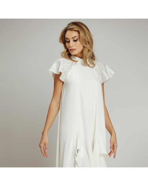 concept A trois White Long Dress, With Cascading Slits And Ruffles, Sequined Details