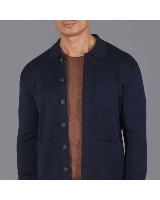 Paul James Knitwear Blue Extra Fine Merino Wool Fabrizio Work Shirt for men