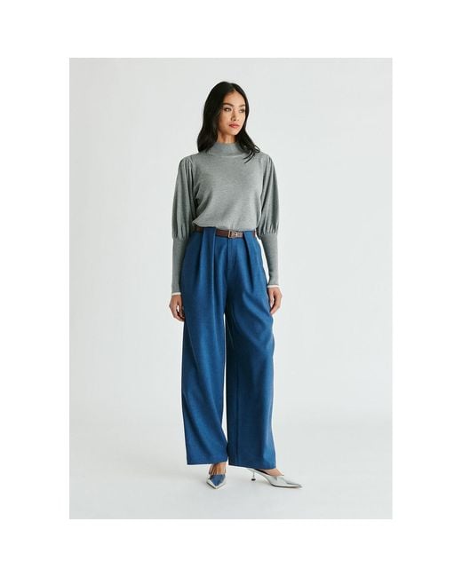 Paisie Blue Belted Wide Leg Trousers With Box Pleats
