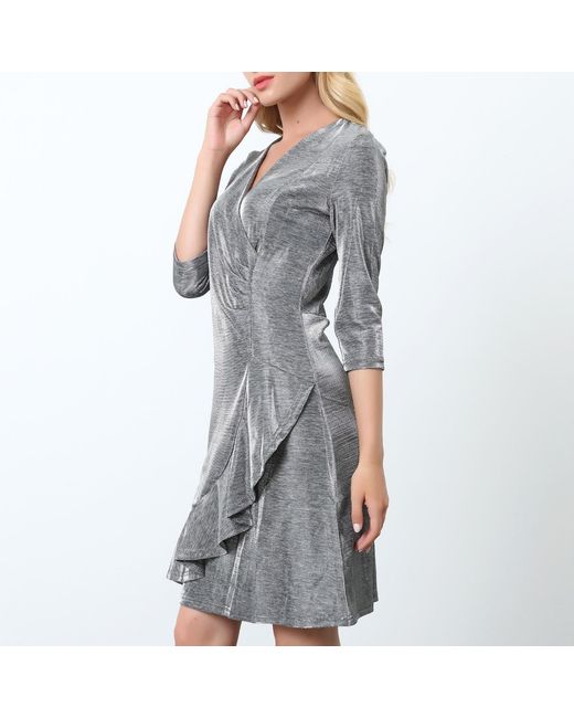 Smart and Joy Gray Cross-Heart Fit-And-Flare Tiered Ruffle Shiny Dress